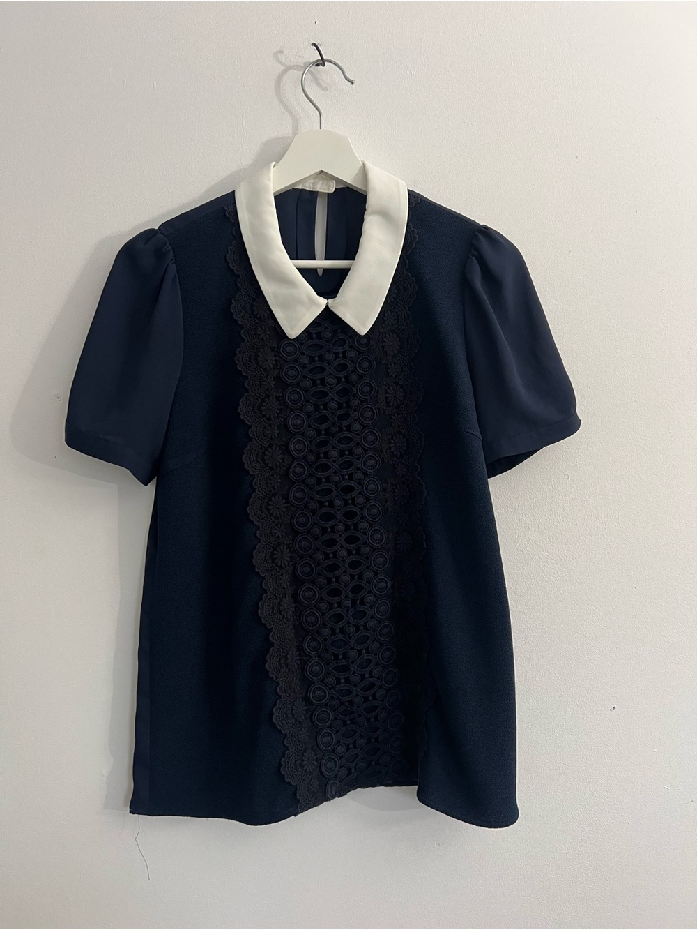 Navy Lace Front Peter Pan Collar Blouse